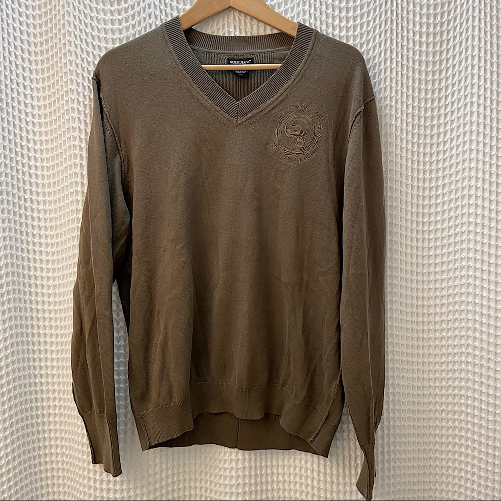 Guess Jeans Skull 💀 Embroidered Army Green V Neck Sweater